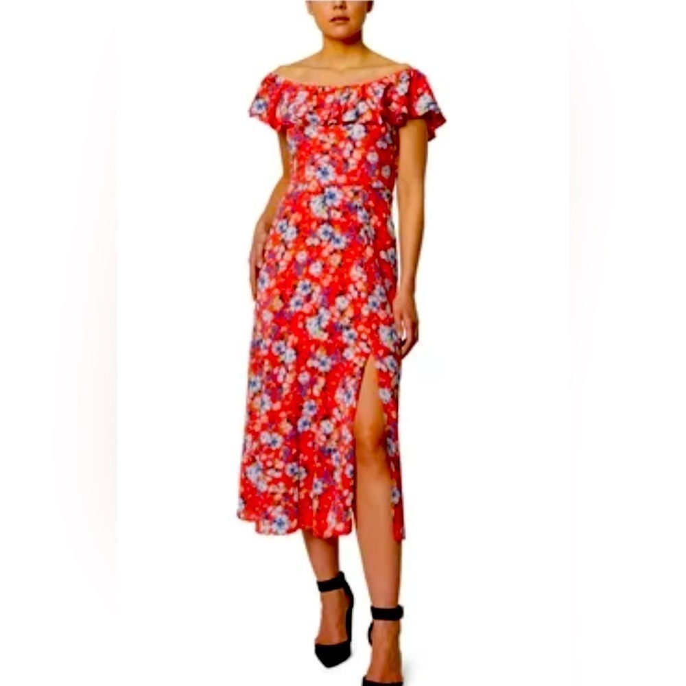 BCBGENERATION Off Shoulder Midi Dress Sz 12 Ruffled Neck Sleeveless Floral Crepe